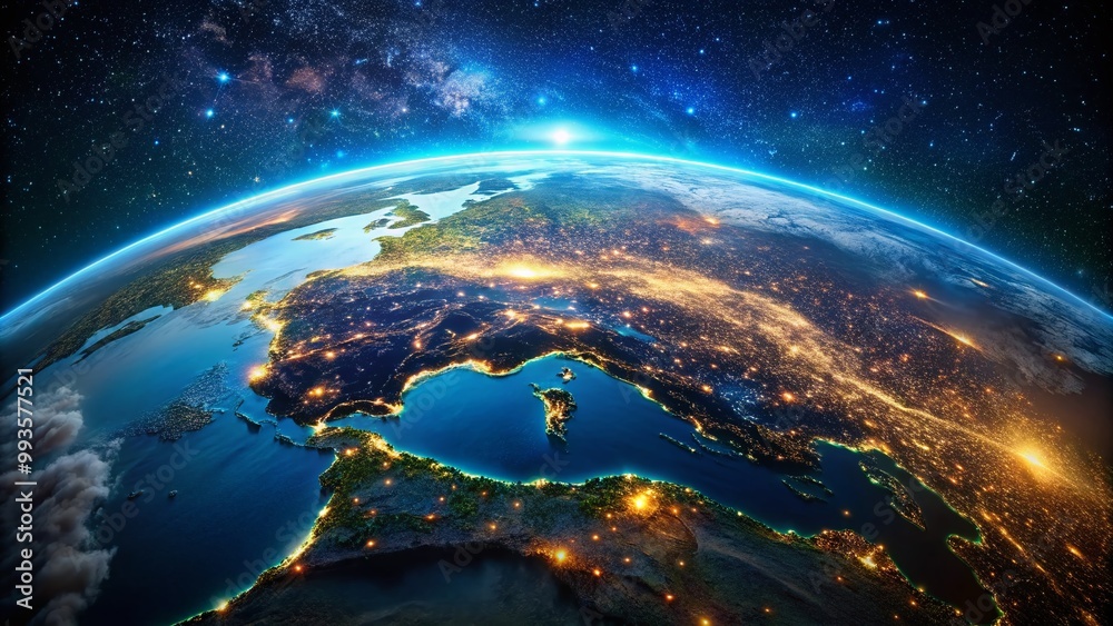 Obraz premium Stunning Satellite View of Earth at Night Showing City Lights and Natural Landscapes from Space