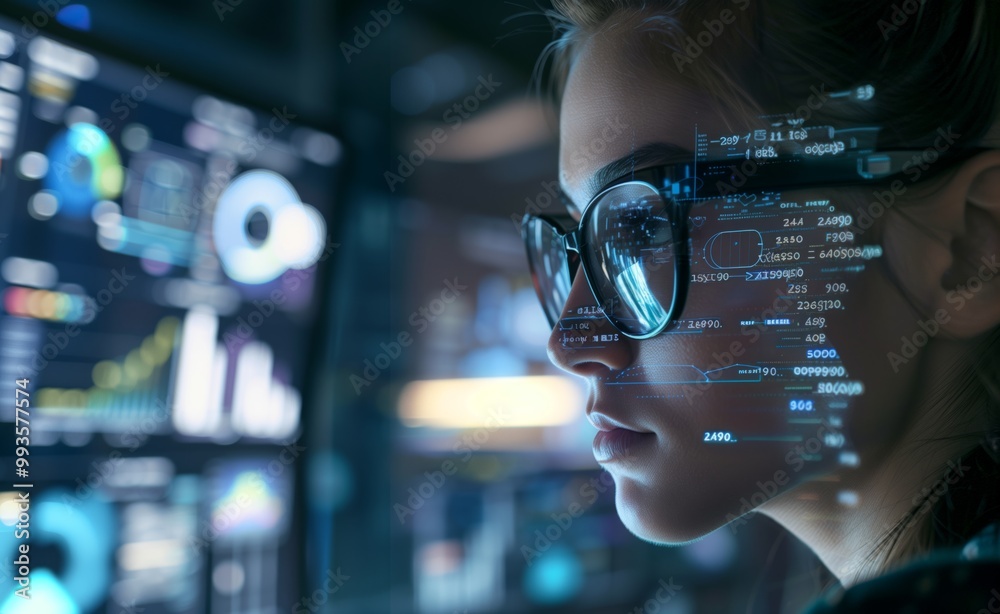 A young woman analyzes data on high-tech screens, immersed in her work in a futuristic control room during evening hours A young woman analyzes data on high-tech screens, immersed in her work in a futuristic control room during evening hours