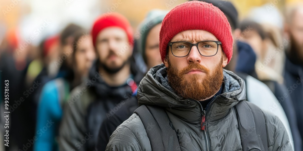 Serious man in a crowd, focused expression Serious man in a crowd, focused expression