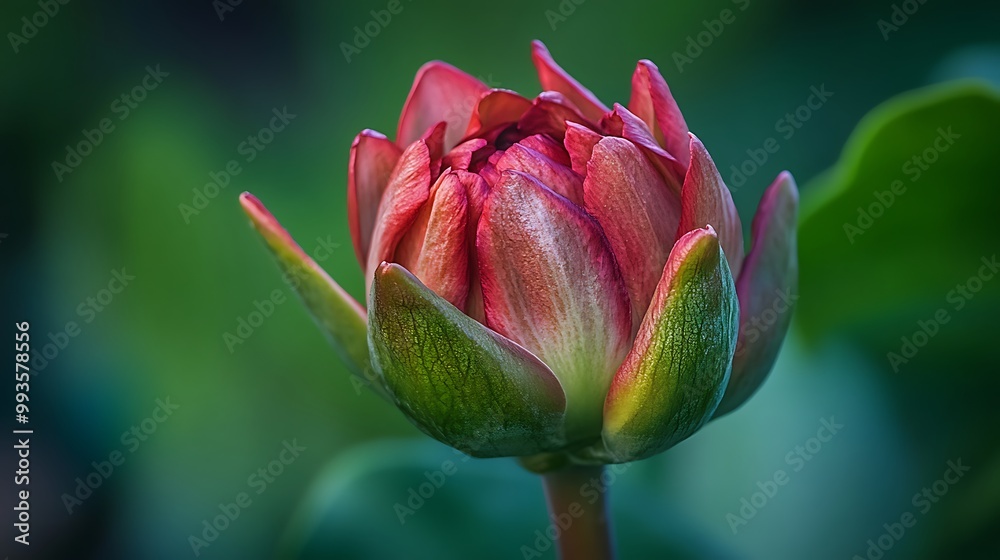 Fototapeta premium A single, vibrant pink bud blooms in a garden, surrounded by lush green leaves.
