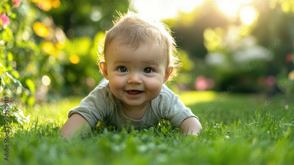 Baby crawling on grass exploring nature for the first time Baby crawling on grass exploring nature for the first time