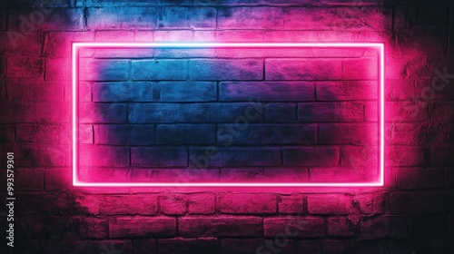 A vibrant neon frame against a textured brick wall, ideal for showcasing messages or art. photo