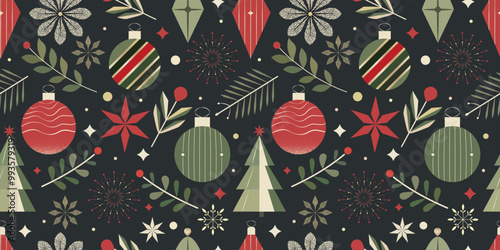 Seamless Christmas Pattern – Flat-Style Vector Design with Festive Ornaments, Leaves, and Stars on a Dark Background. Perfect for Holiday Gift Wrapping, Seasonal Decorations, and Digital Projects