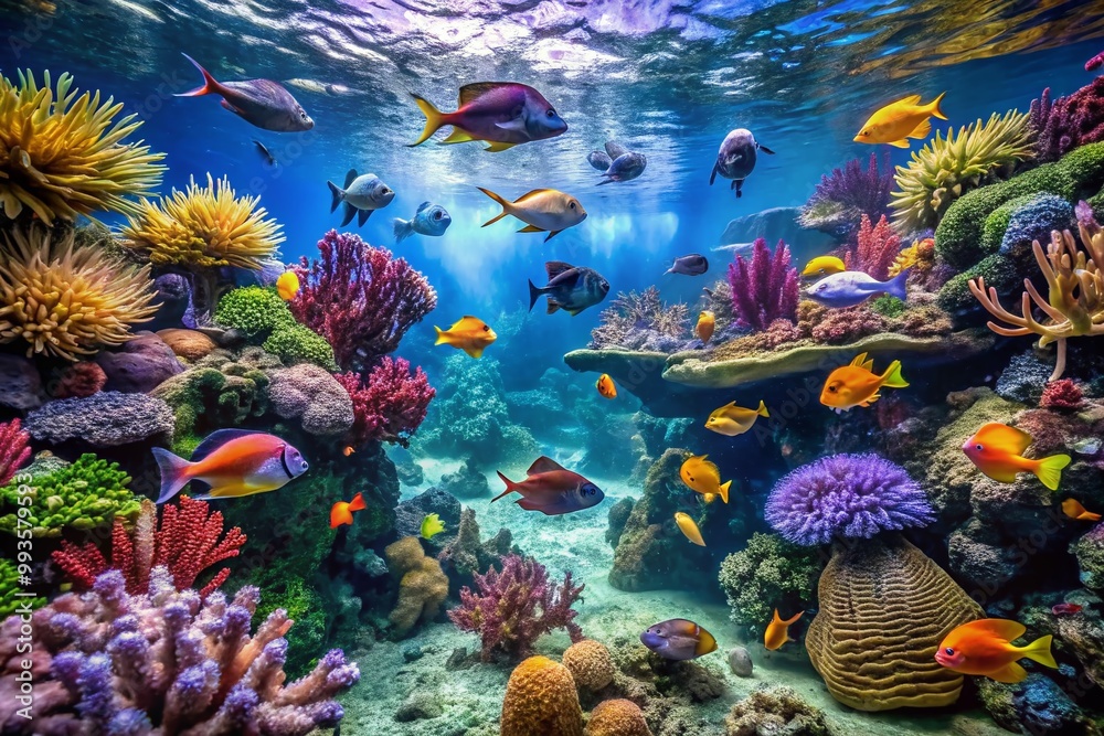 Naklejka premium Stunning view of Crocus City Oceanarium featuring diverse marine life and vibrant underwater scenery