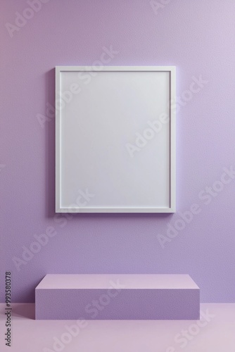 A soft lavender wall with a minimalist white frame, the center blank and serene 