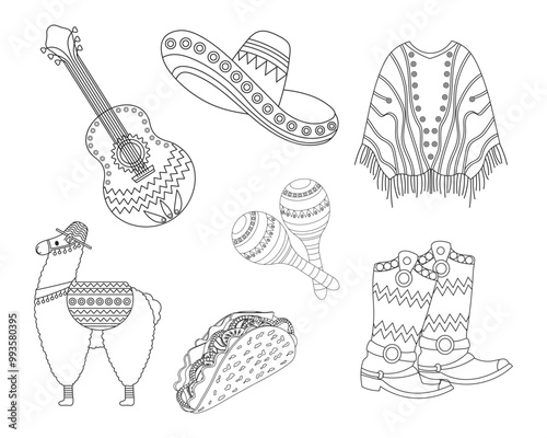 Set of national symbols of Mexico. Sombrero, guitar, maracas, cowboy boots, taco. Illustration, sketch for coloring book