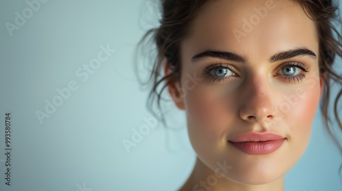 Close-Up Portrait of a Woman with Bright Blue Eyes and Natural Makeup