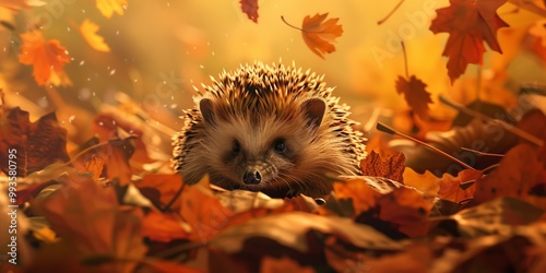 A hedgehog foraging among colorful autumn leaves in a sunlit forest during the golden hour of late afternoon photo