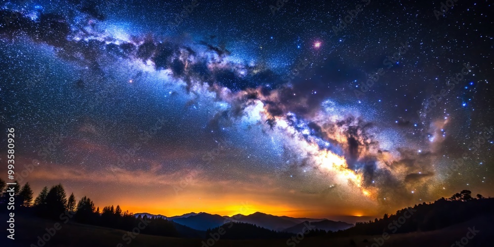 Stunning view of the Milky Way galaxy glowing brightly in the night sky with twinkling stars Stunning view of the Milky Way galaxy glowing brightly in the night sky with twinkling stars