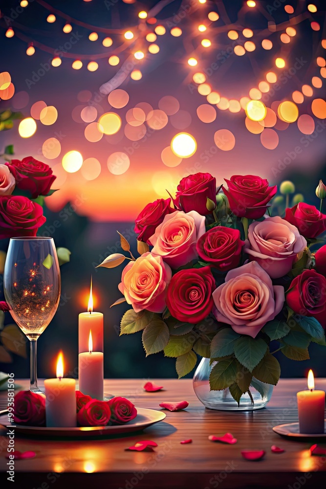 Romantic candlelit dinner table adorned with red roses.