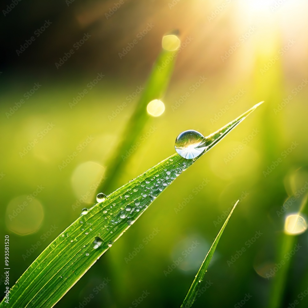 A macro photograph showcasing a single dew-covered grass blade glistening in the morning sunlight. The vibrant green and yellow hues create a fresh and uplifting atmosphere, highlighting the beauty of