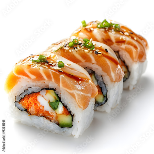 Sushi rolls with different ingredients isolated on white background