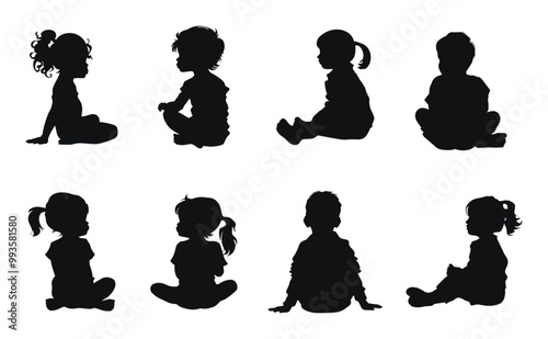 Set of sitting children silhouettes detailed vector illustration. Black and white designs of young kids seated with diverse postures and profiles.