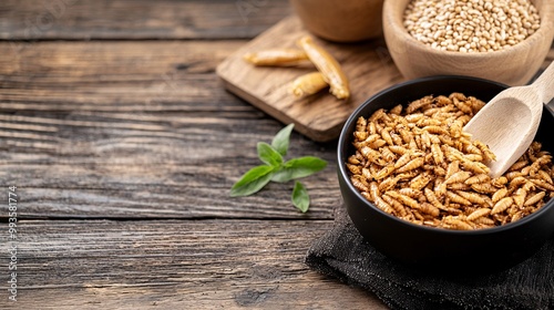 Crispy Mealworm Chips in a Rustic Bowl - Sustainable Snacking for Eco-Conscious Individuals Showcasing Crunchy Texture and Nutritional Benefits photo