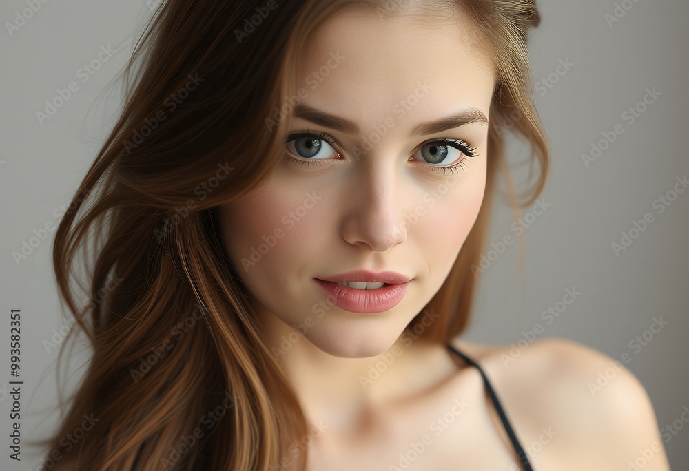 Beautiful Young Woman with Long Brown Hair and Blue Eyes