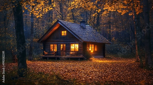 Warm autumn evening with soft candlelight, cozy reading spots, and rustic cabins nestled among golden autumn leaves 