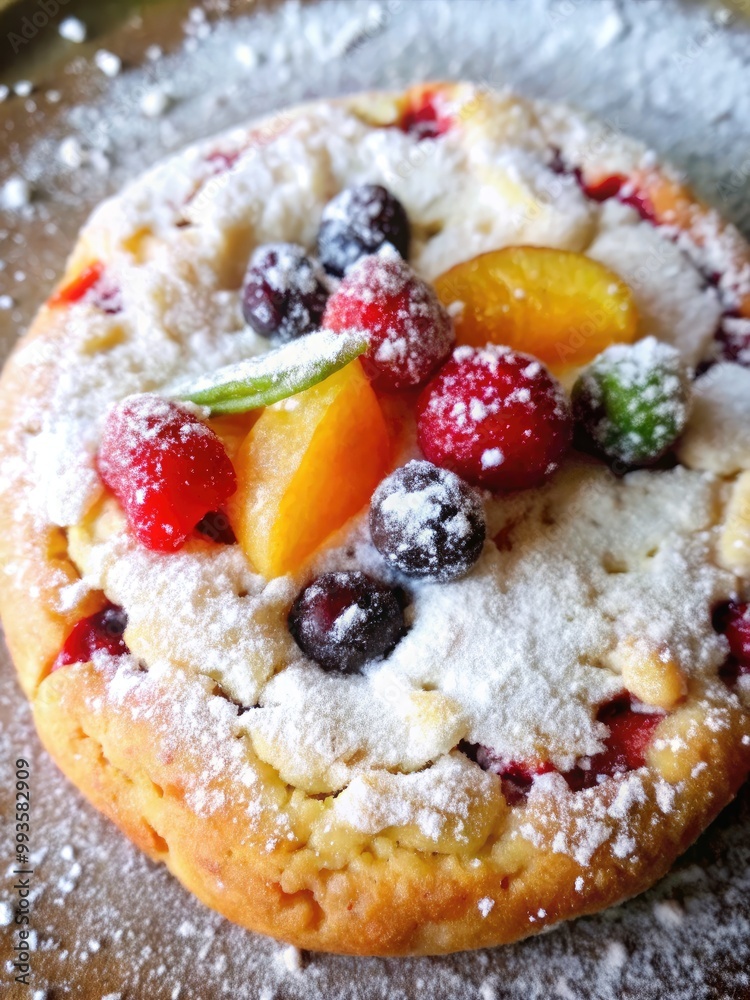 Festive cake topped with fresh berries and powdered sugar.