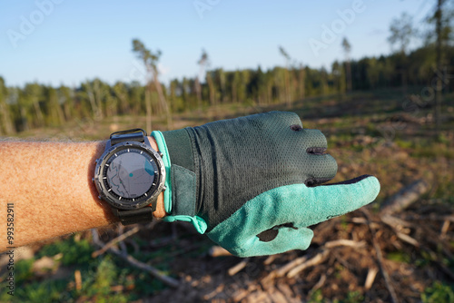 Smartwatch travel. Hiker checking map on sports watch. Expedition martwatch. Watch for wild survival. Outdoor, hiking Watch on hand. GPS track in Smartwatch. Traveler with watch on hand in adventure. photo