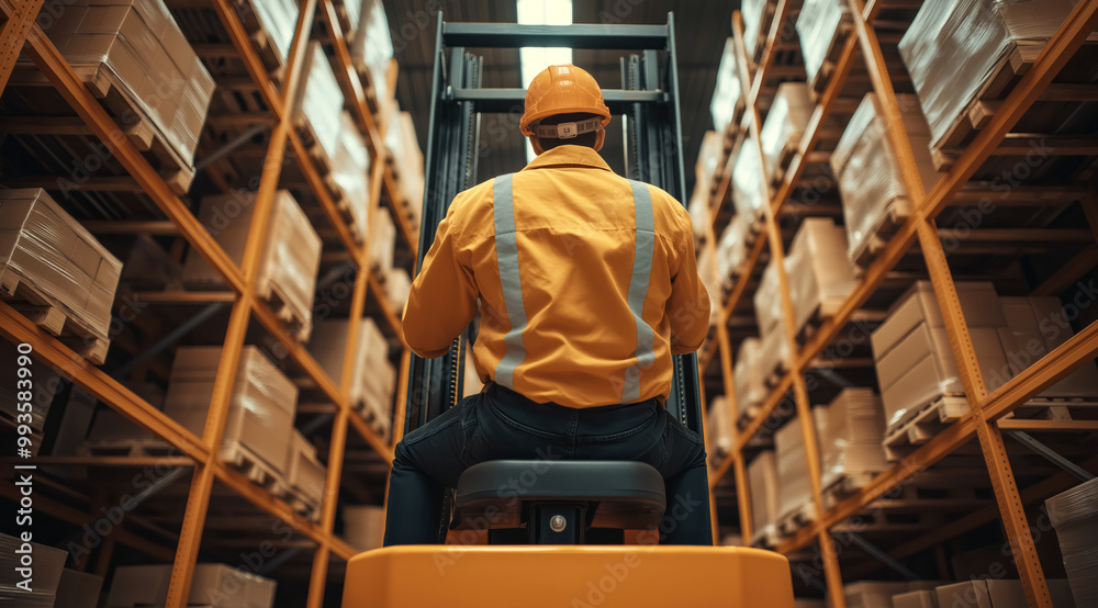 Warehouse worker operating a forklift in a storage facility Warehouse worker operating a forklift in a storage facility