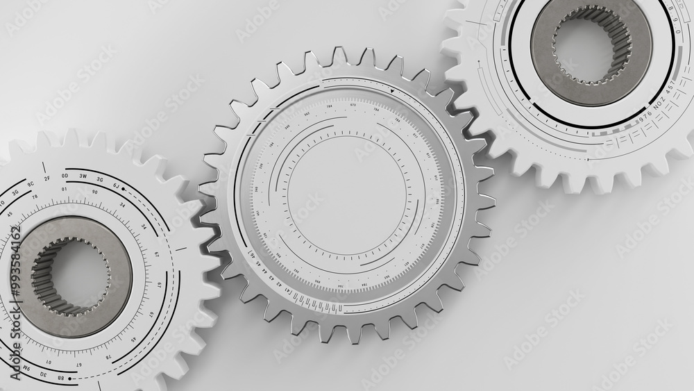 3 Cog wheel white gears on white background. UI Gears white, metal. Top view 3 Cog wheel white gears on white background. UI Gears white, metal. Top view