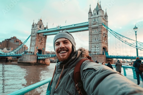 A joyful traveler takes a selfie in front of the iconic Tower Bridge in London. The bridge stands tall in the backdrop against a vibrant sky. Generative AI