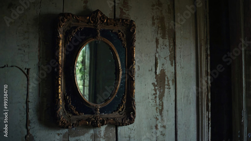 creepy setting antique mirror hanging on the wall
