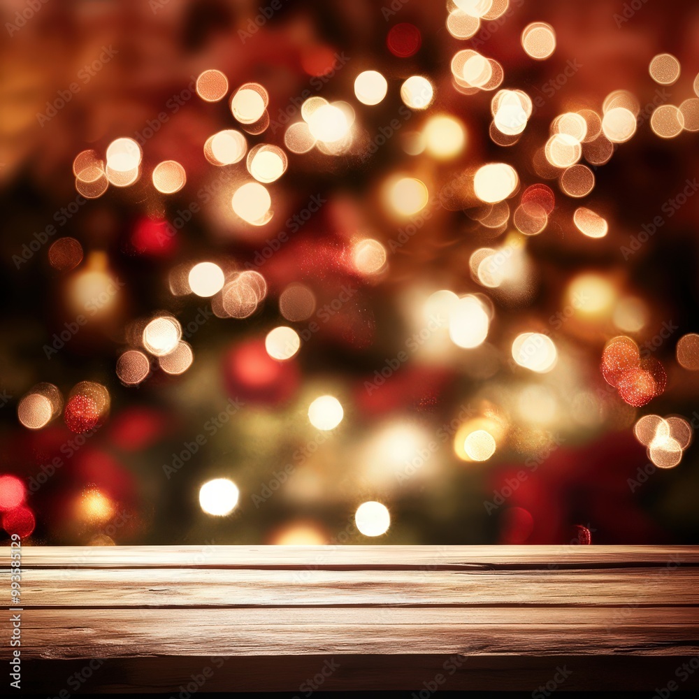 Warm Holiday Scene with Rustic Wooden Table and Festive Bokeh Lights Background, Perfect for Christmas Themed Designs and Seasonal Display Concepts Warm Holiday Scene with Rustic Wooden Table and Festive Bokeh Lights Background, Perfect for Christmas Themed Designs and Seasonal Display Concepts