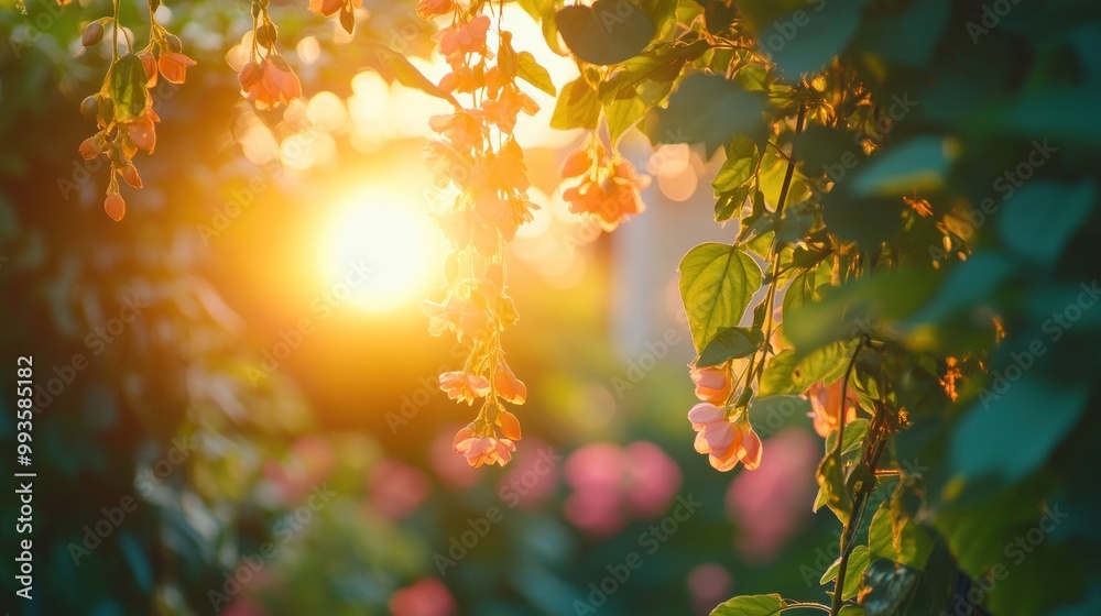 Sunlit Pink Flowers and Green Leaves on a Branch Sunlit Pink Flowers and Green Leaves on a Branch