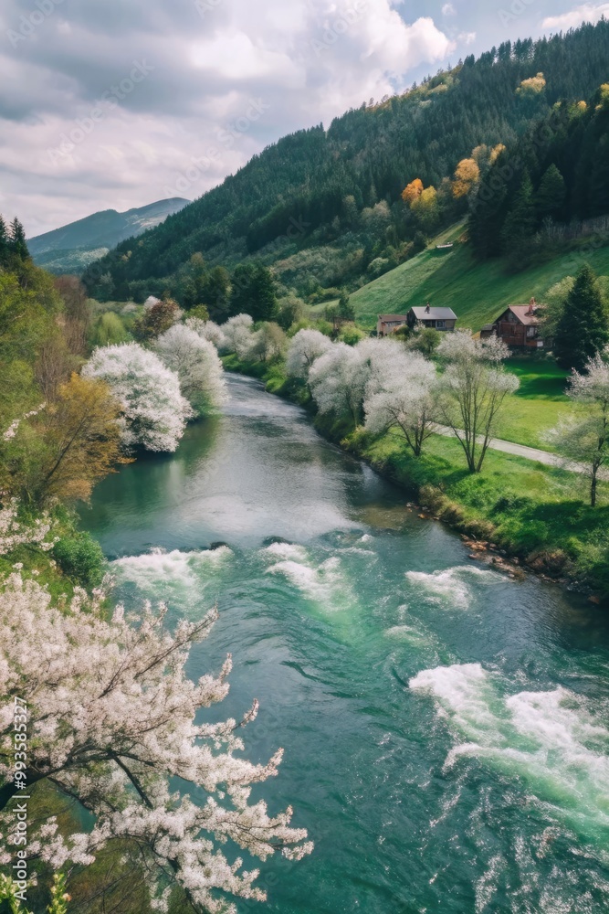 Fototapeta premium Serene river flowing through a lush green valley.