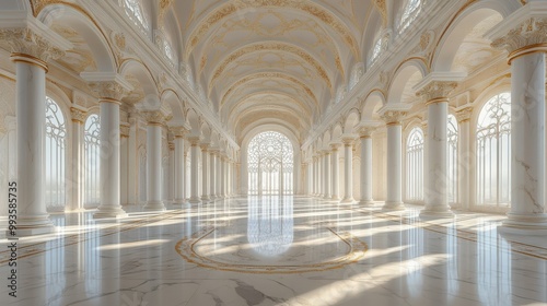 Spacious marble hall with towering columns, arched ceilings, and streaming sunlight