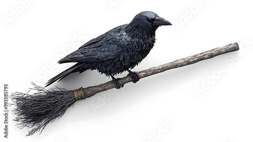 A black raven perched on a witch�s broom, isolated against white, a symbol of mystery. photo