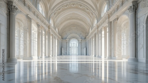 Spacious marble hall with towering columns, arched ceilings, and streaming sunlight