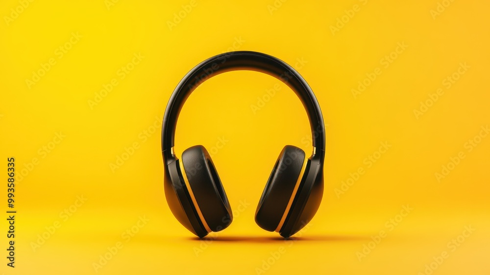 A pair of sleek black headphones rests against a vibrant yellow background, showcasing a modern design perfect for music lovers. A pair of sleek black headphones rests against a vibrant yellow background, showcasing a modern design perfect for music lovers.