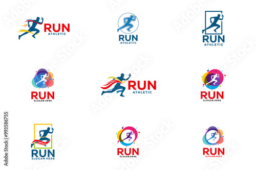 Running marathon logo set, sport athletic logo vector, sport running marathon