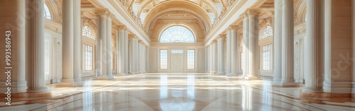 Spacious marble hall with towering columns, arched ceilings, and streaming sunlight