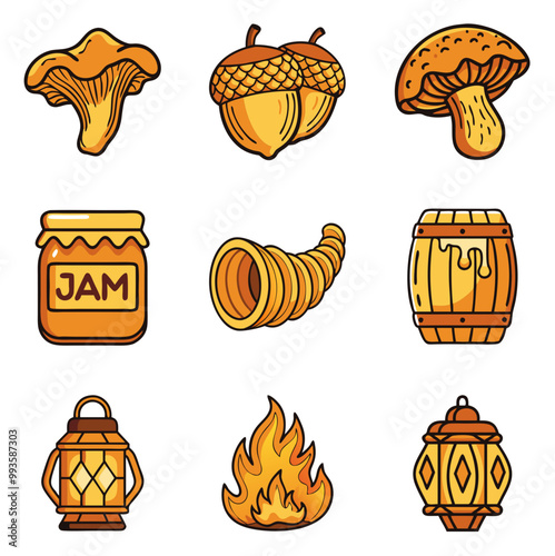 Set of Autumn Icons in Orange:  Chanterelle Mushroom, Acorns, Jam Jar, Cornucopia, Honey Barrel, and Lantern