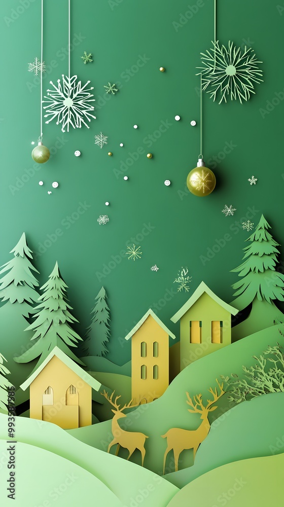 Fototapeta premium A paper cutout Christmas background with houses, reindeer, and snowflakes