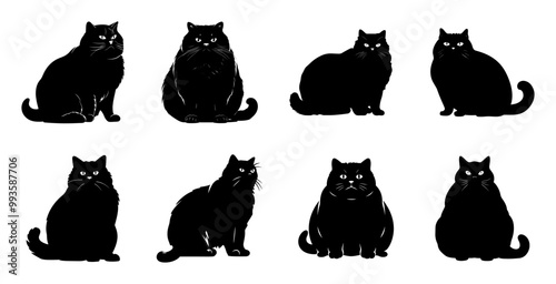 Black cat silhouettes vector illustration. Set of eight black feline in various sitting poses with detailed features.