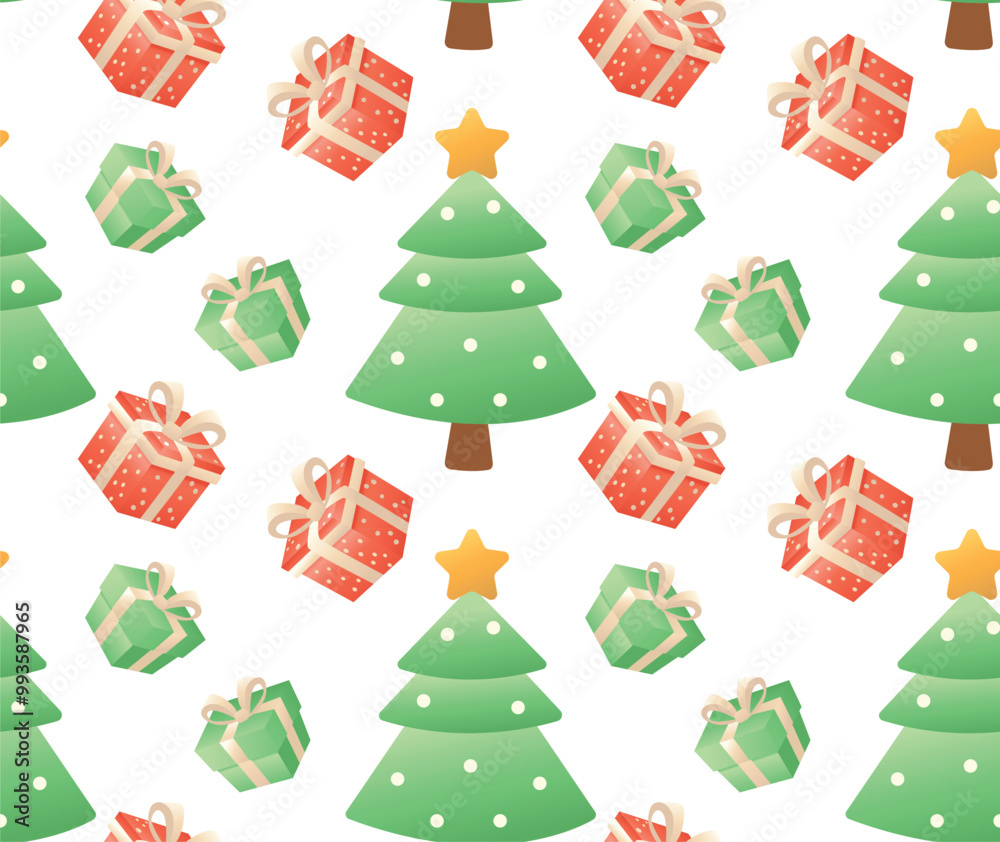 Festive seamless pattern with an image of a Christmas tree and gifts in red and green. Ideal for Christmas wrapping paper, holiday background, textile or seasonal decoration. Festive seamless pattern with an image of a Christmas tree and gifts in red and green. Ideal for Christmas wrapping paper, holiday background, textile or seasonal decoration.