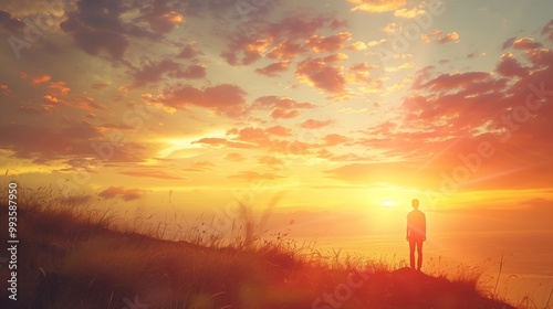 Silhouette of Person Admiring Vibrant Sunset on Hilltop, Tranquil Nature Scene with Golden Sky