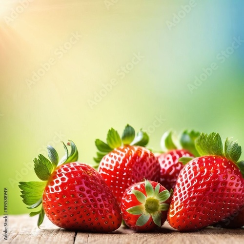 Fresh ripe red organic strawberries closeup on a wooden table. Background with free space