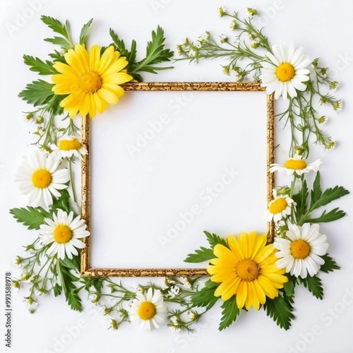 Yellow, white chamomile flower Frame border Floral Nature illustration	