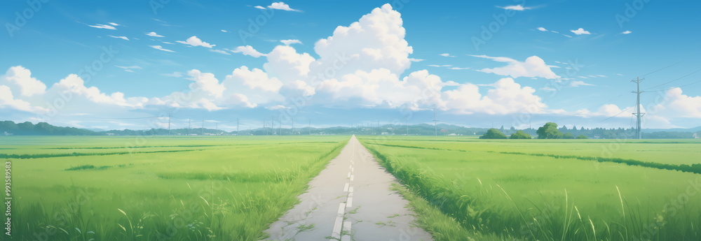 Fototapeta premium Beautiful grassy fields and summer blue sky with fluffy white clouds in the wind. Wide format. Hand edited generative AI.