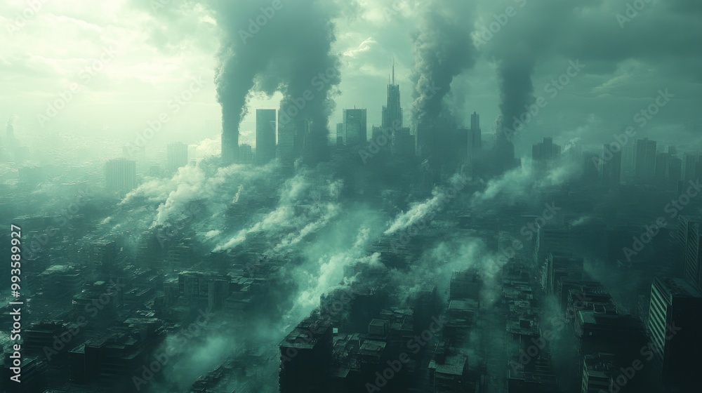 Fototapeta premium Smog-Filled Cityscape Under a Gloomy Sky