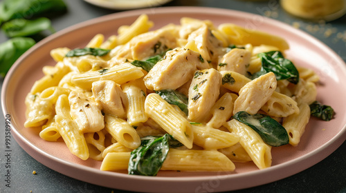 Creamy Chicken and Spinach Pasta in a pink plate on a dinner table. The chicken is diced. The pasta is penne pasta.