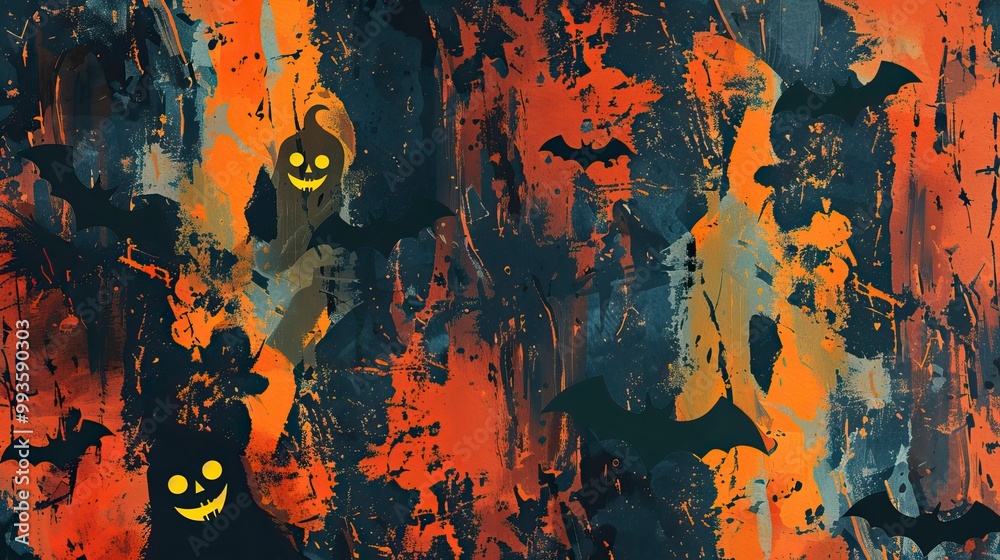 Fototapeta premium Flat lay Vector Illustration of Grunge Background Featuring Halloween Silhouettes, Happy Halloween