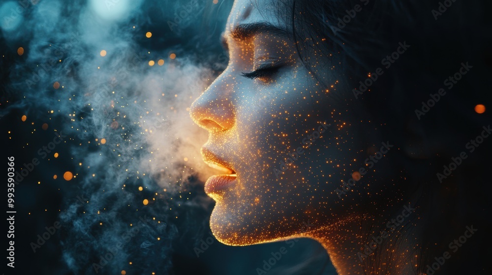 Glowing particles in the air as a person sneezes in slow motion, emphasizing the spread of germs in an ethereal way Glowing particles in the air as a person sneezes in slow motion, emphasizing the spread of germs in an ethereal way