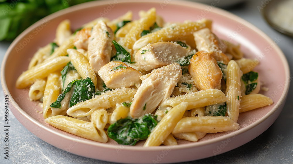Creamy Chicken and Spinach Pasta in a pink plate on a dinner table. The chicken is diced. The pasta is penne pasta. Creamy Chicken and Spinach Pasta in a pink plate on a dinner table. The chicken is diced. The pasta is penne pasta.