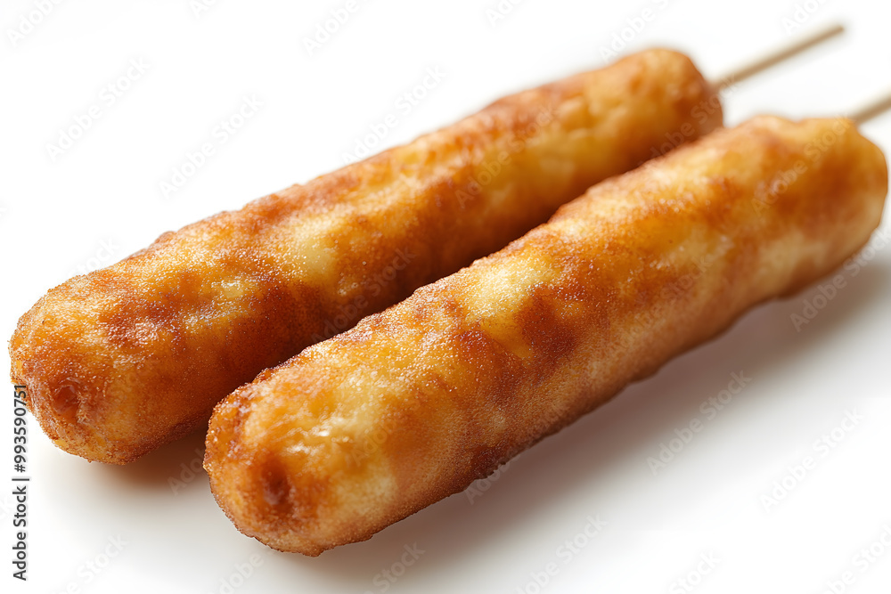 Classic corn dog on a stick with crispy coating isolated on white background Classic corn dog on a stick with crispy coating isolated on white background