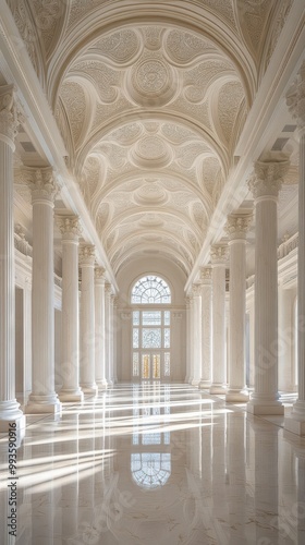 Spacious marble hall with towering columns  arched ceilings  and streaming sunlight
